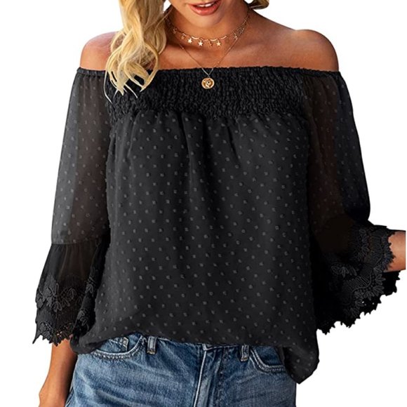 Black Off Shoulder 3/4 Bell Sleeve Ruffle Polka Dot Blouse Top - Picture 4 of 5